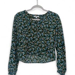 Uniqlo Floral Print Blouse Green Blue Boho Cottagecore Button‎ Cuff